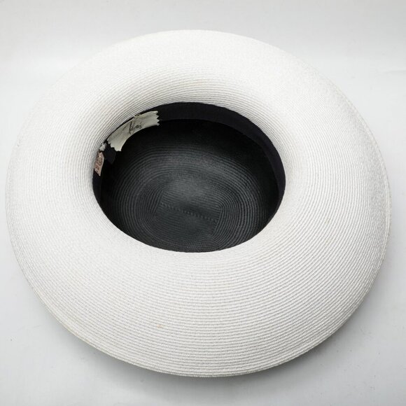Vintage Filene's Wide Brim Straw Sun Hat Black White Grosgrain Ribbon Bow - Picture 8 of 10